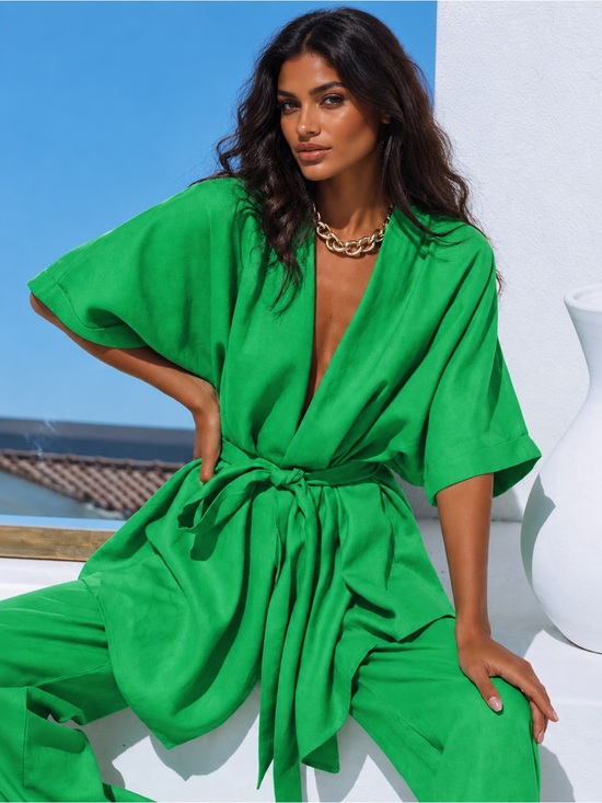 Commense Pants - Commense Kelly Green Linen Blend Wrap Tie Two Piece Pants Set Size Small